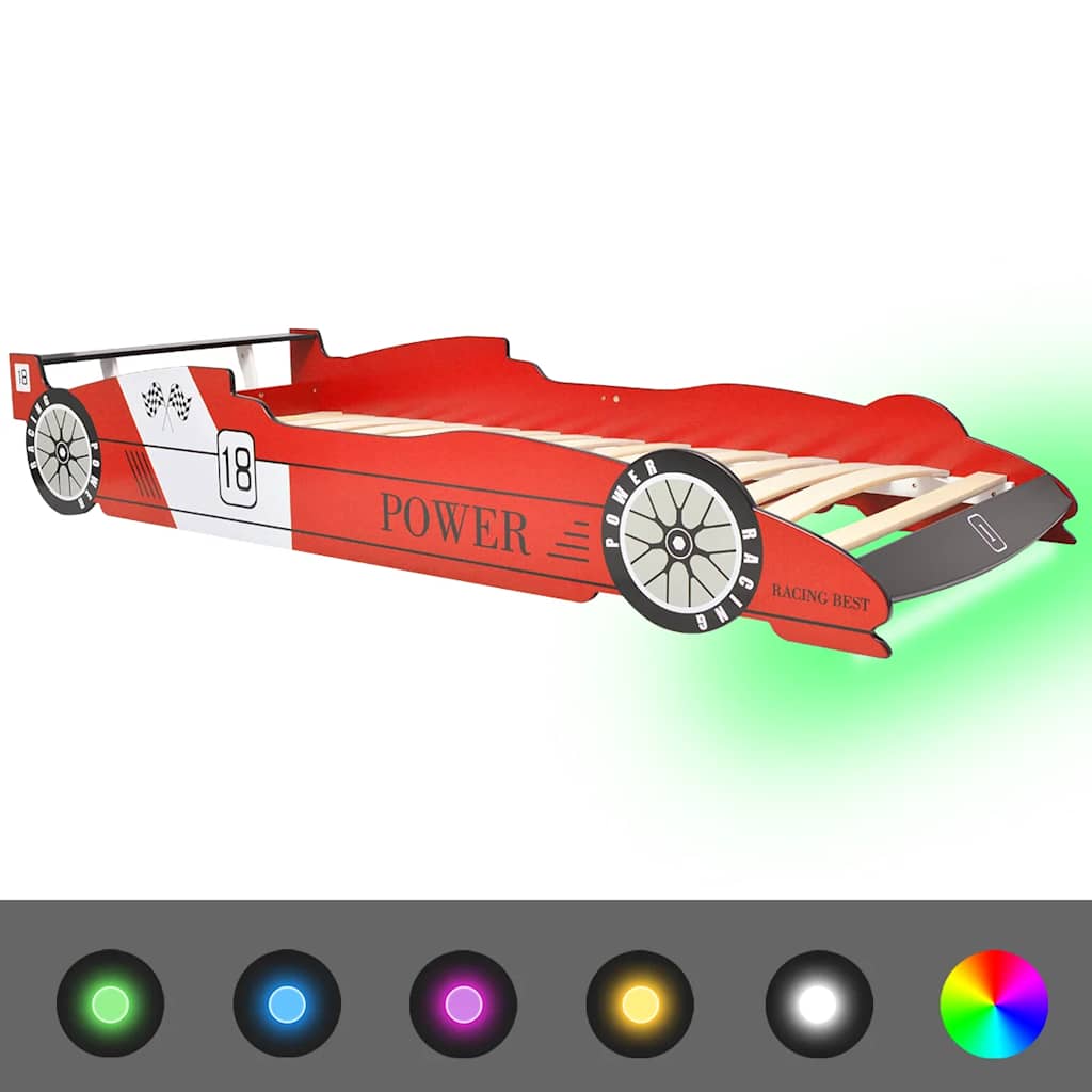 Detská posteľ s LED, pretekárske auto, 90x200 cm, červená