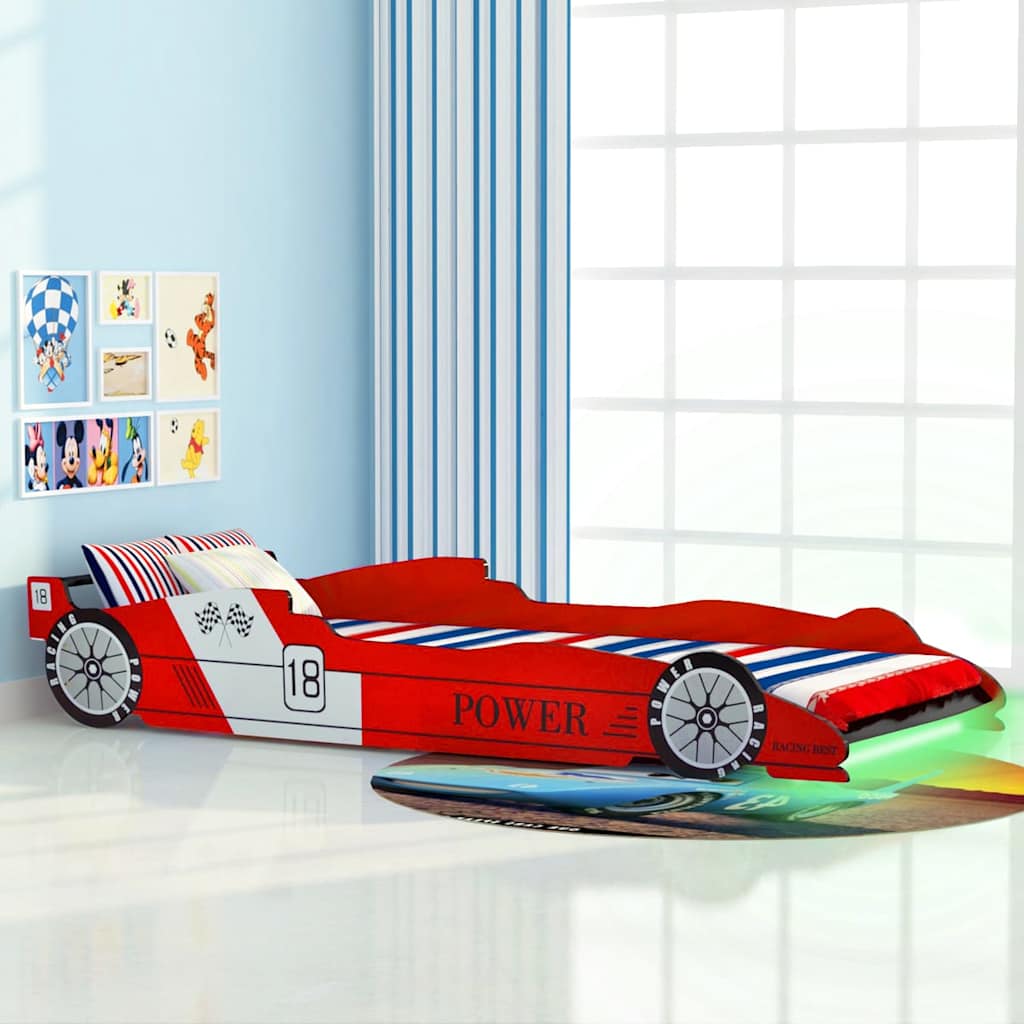 Detská posteľ s LED, pretekárske auto, 90x200 cm, červená