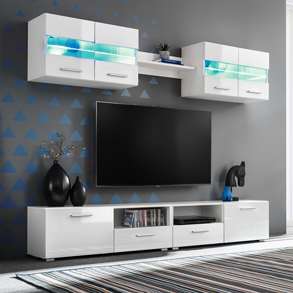 5-dielna obývacia TV stena s LED svetlami, lesklá biela
