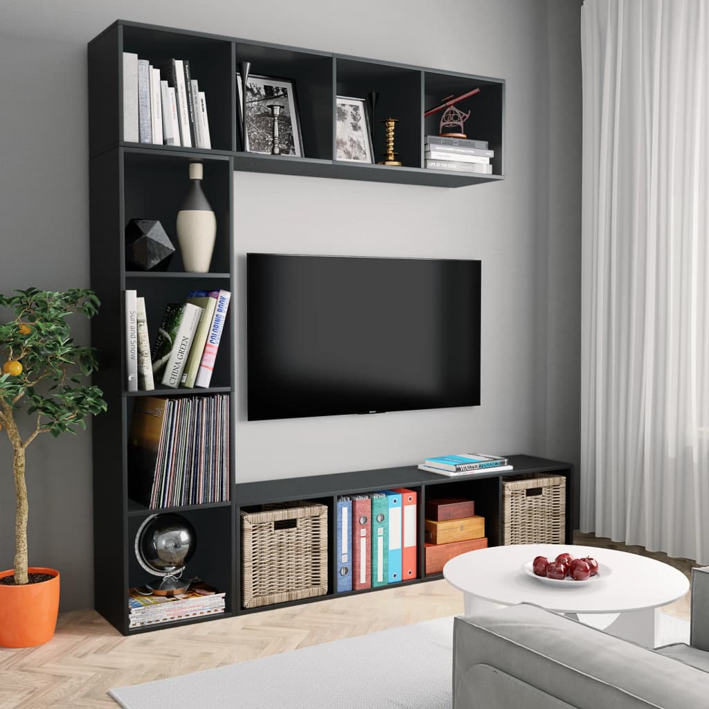 3-dielna knižnica/TV skrinka čierna 180x30x180 cm