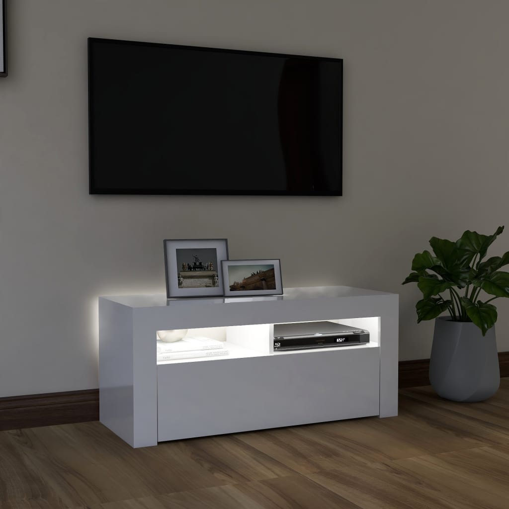 TV skrinka s LED svetlami lesklá biela 90x35x40 cm