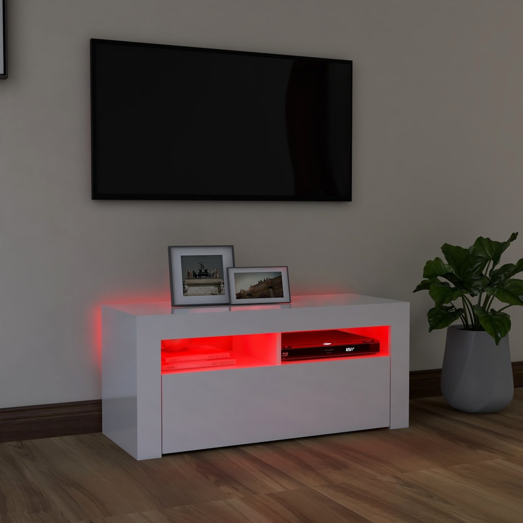 TV skrinka s LED svetlami lesklá biela 90x35x40 cm