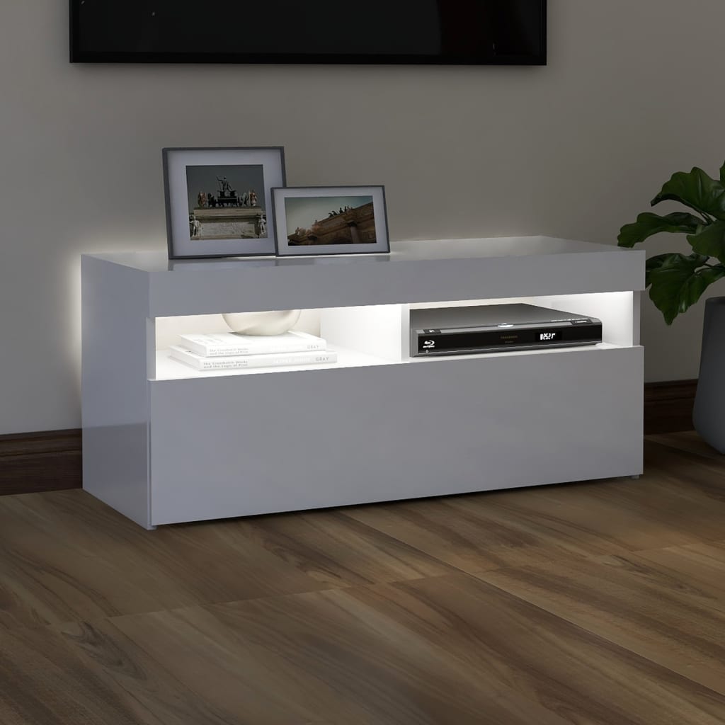 TV skrinka s LED svetlami lesklá biela 90x35x40 cm