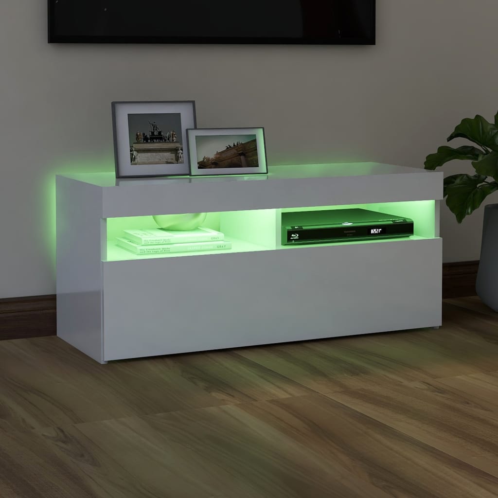 TV skrinka s LED svetlami lesklá biela 90x35x40 cm