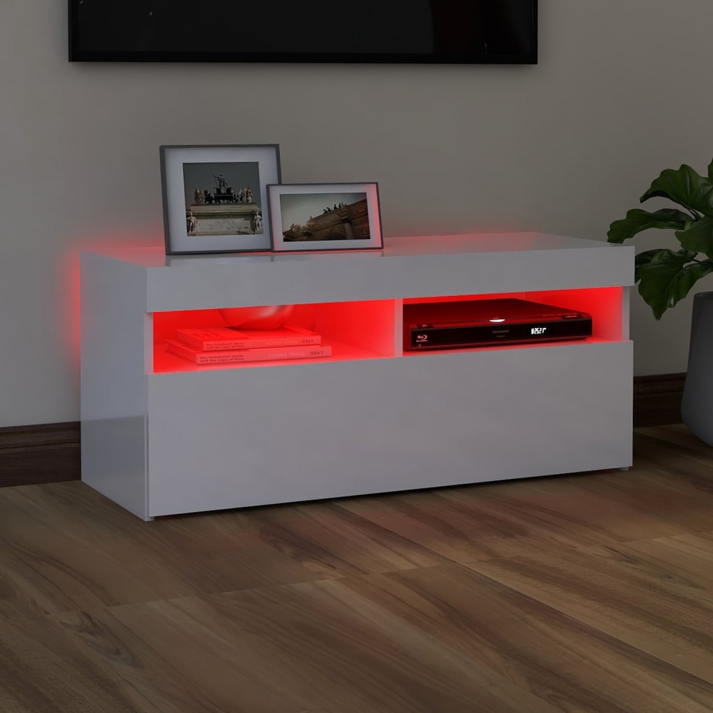 TV skrinka s LED svetlami lesklá biela 90x35x40 cm