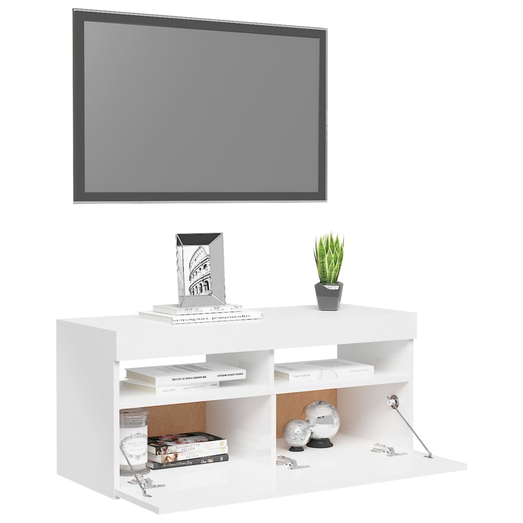 TV skrinka s LED svetlami lesklá biela 90x35x40 cm