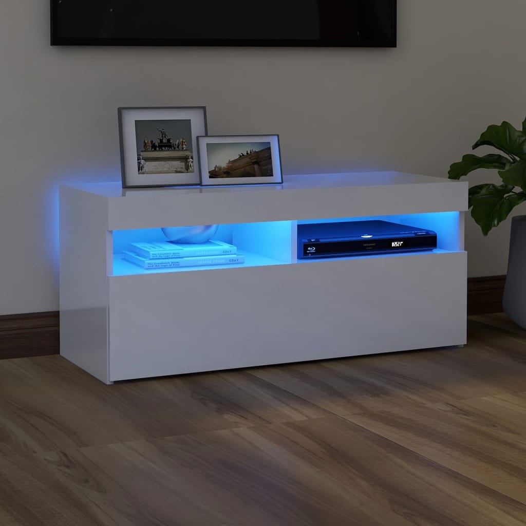 TV skrinka s LED svetlami lesklá biela 90x35x40 cm
