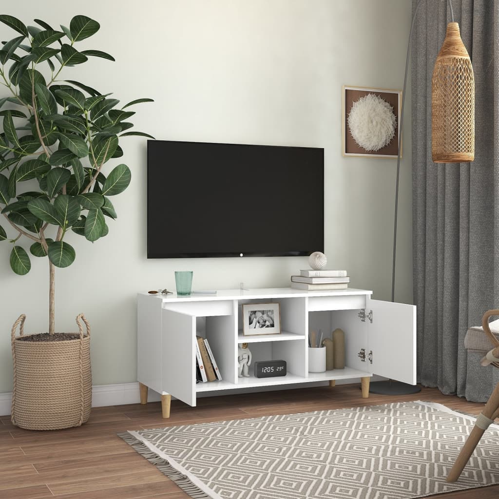 TV skrinka s nožičkami z masívneho dreva biela 103,5x35x50 cm