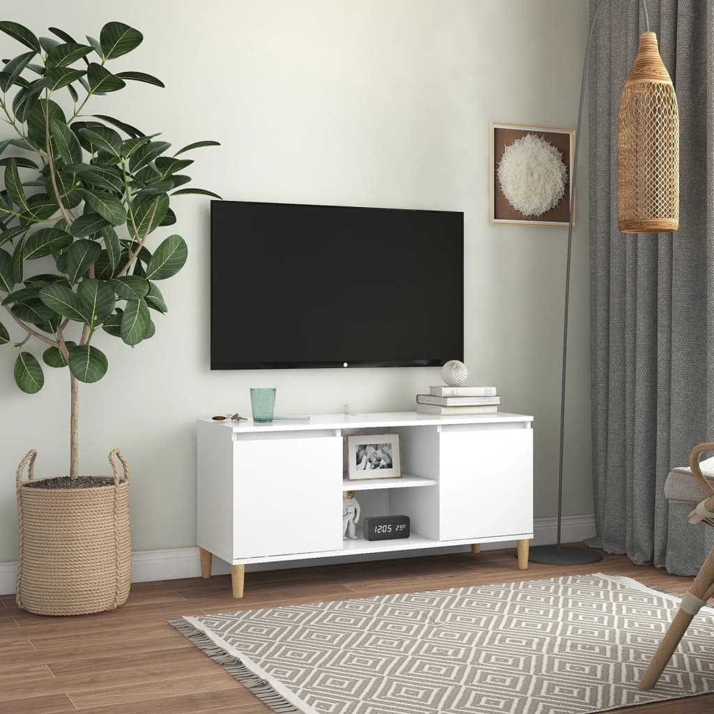 TV skrinka s nožičkami z masívneho dreva biela 103,5x35x50 cm