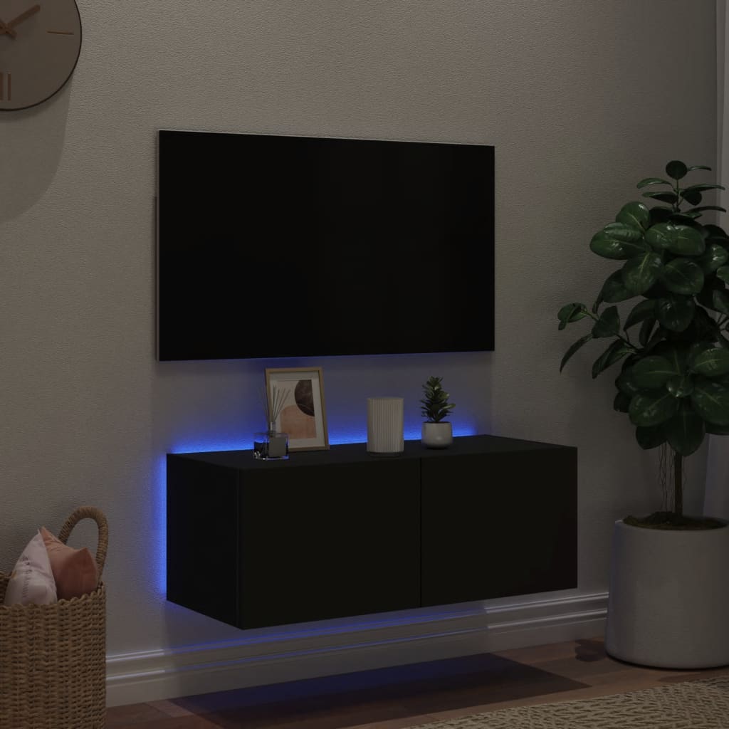 TV nástenná skrinka s LED svetlami čierna 80x35x31 cm