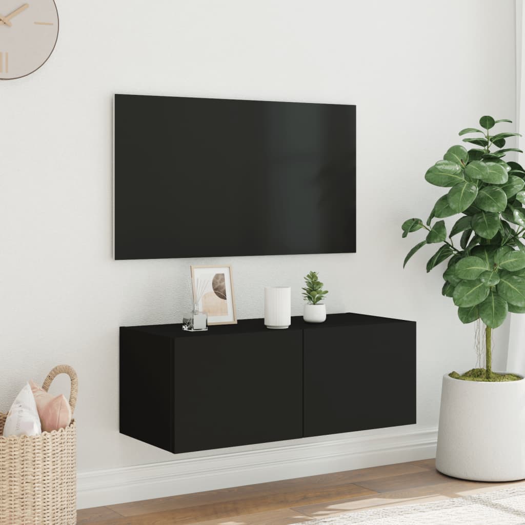 TV nástenná skrinka s LED svetlami čierna 80x35x31 cm