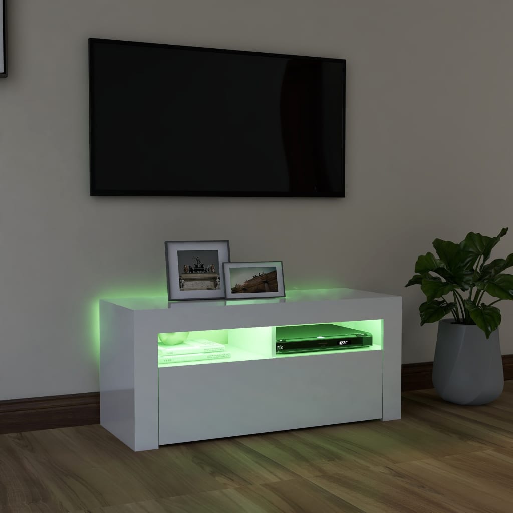 TV skrinka s LED svetlami lesklá biela 90x35x40 cm